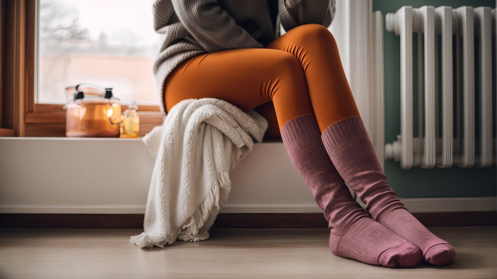 Homeowner keeping warm near a radiator at home during winter